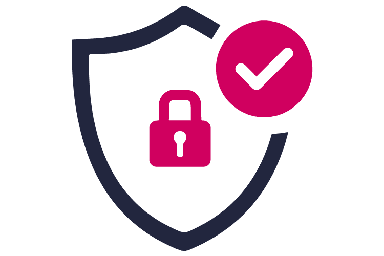a pink and blue shield with a lock and check mark