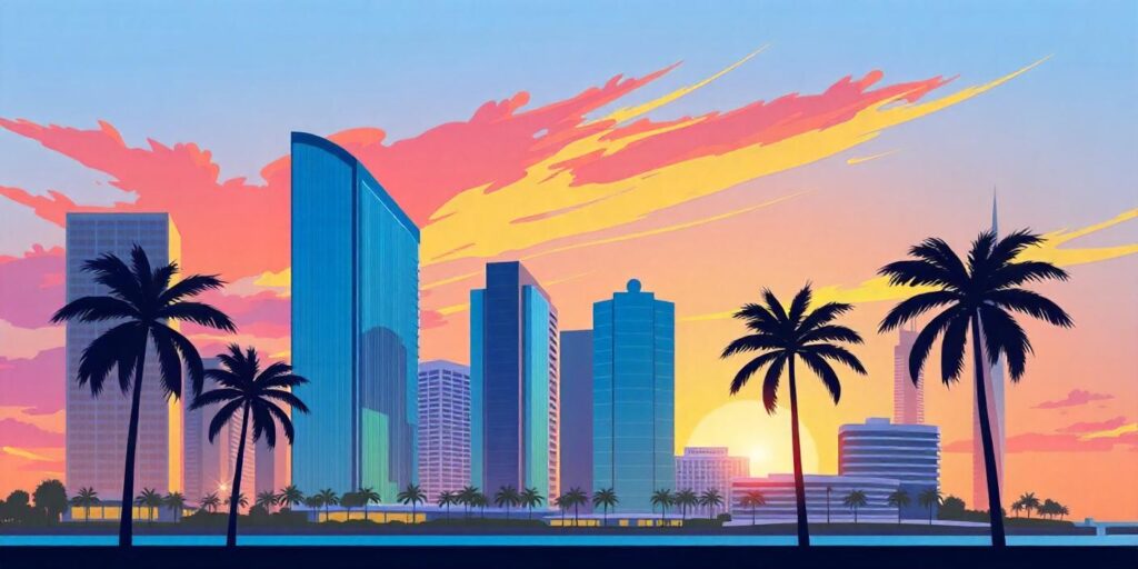 A stylized digital illustration of a modern city skyline with palm trees silhouetted against a vibrant sunset sky with pink and orange hues.