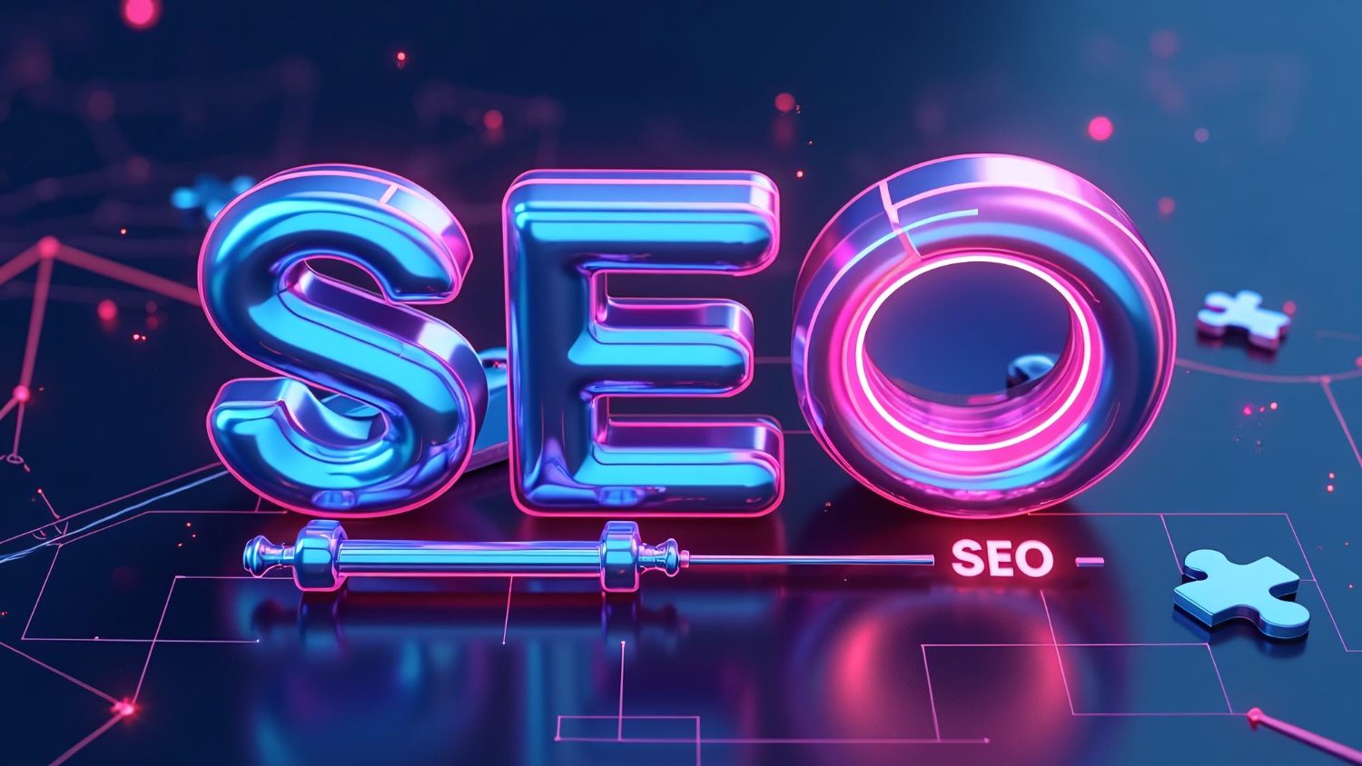 A futuristic neon 3D illustration of the word SEO with glowing pink and blue lights, digital elements, and puzzle pieces.