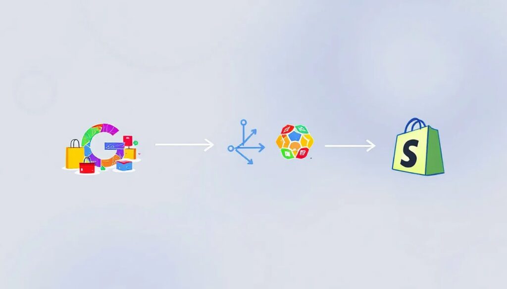 An illustration showing the integration of Shopify with Google Merchant Center.