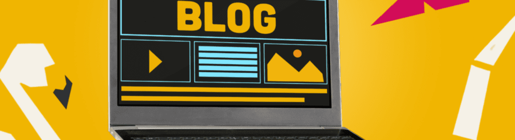 A laptop screen displays a blog interface with icons and text, representing digital content creation and how to write blogs.