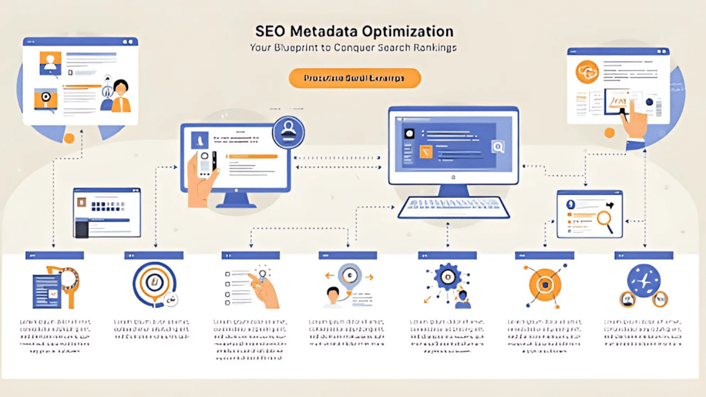An infographic on SEO metadata optimization, illustrating strategies to improve search rankings with various digital elements.
