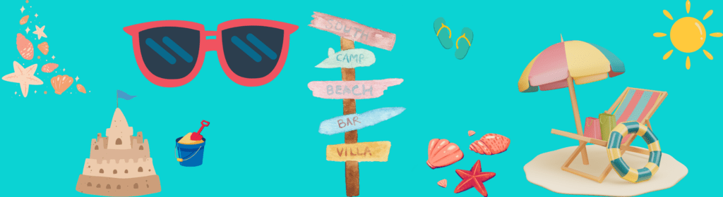 A colorful beach-themed digital illustration featuring sunglasses, seashells, a sandcastle, flip-flops, a beach chair with an umbrella, and a wooden signpost with directions.