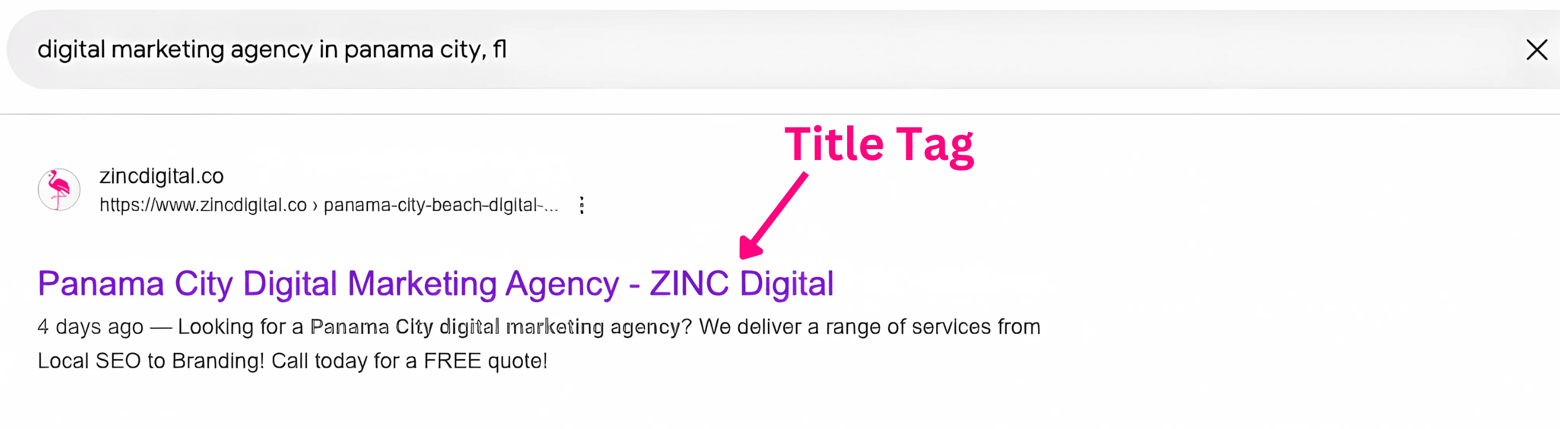 A search engine results page showing a digital marketing agency listing with the title tag highlighted in pink text.