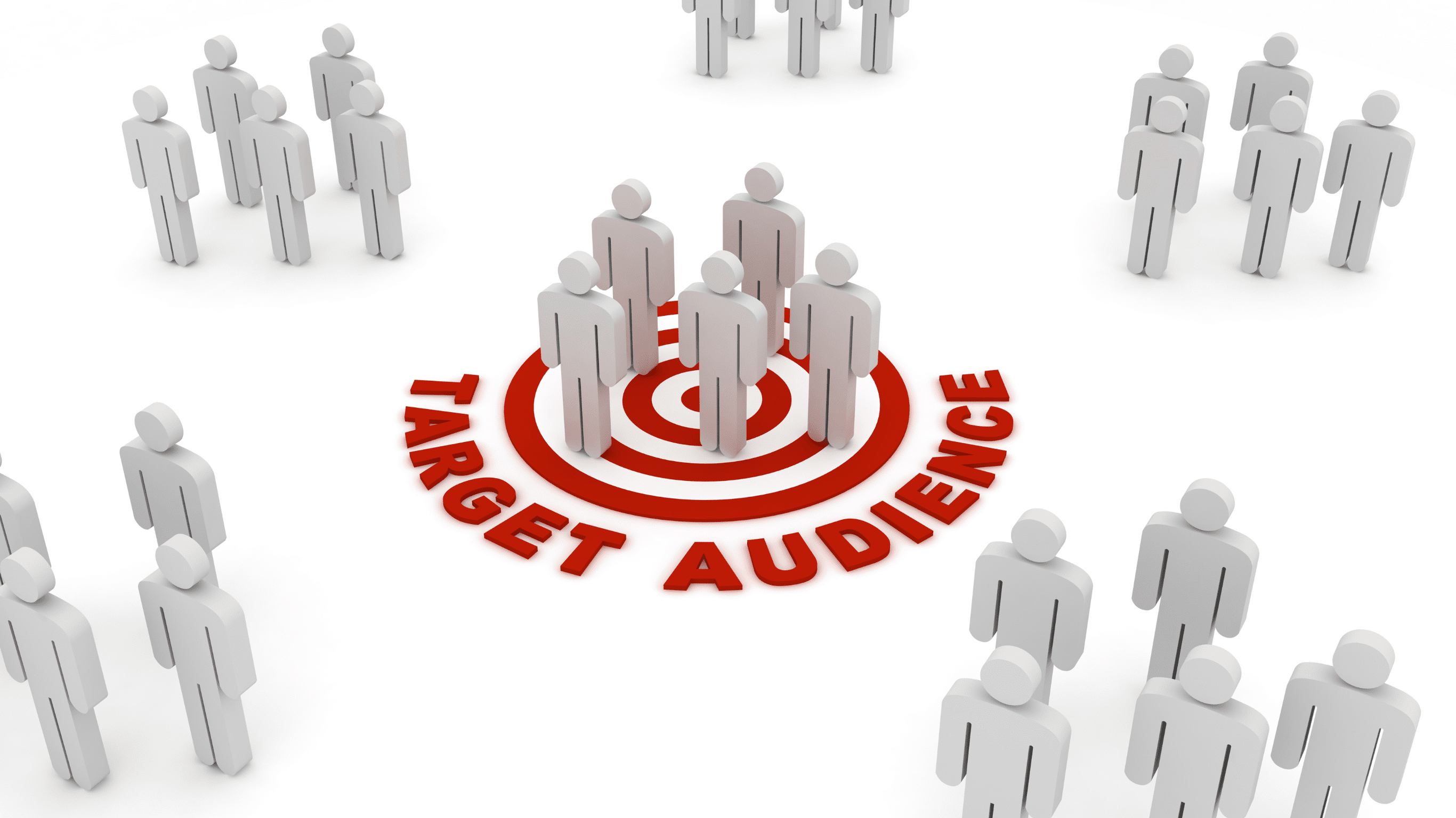 Gray human figures stand on a red target labeled target audience, representing marketing focus and audience segmentation.